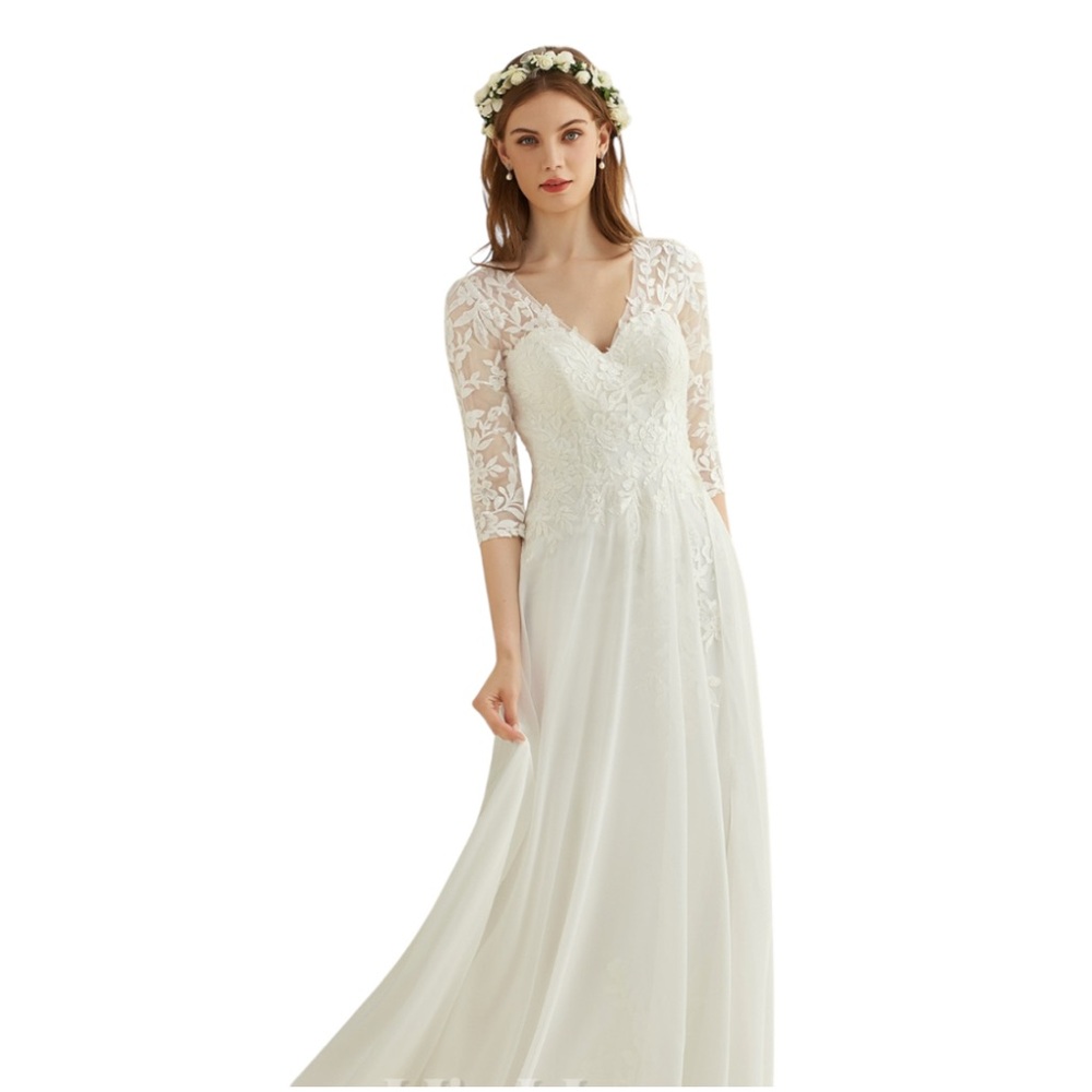 JJs House White Lace A-Line Wedding Dress with 3/4 Sleeves